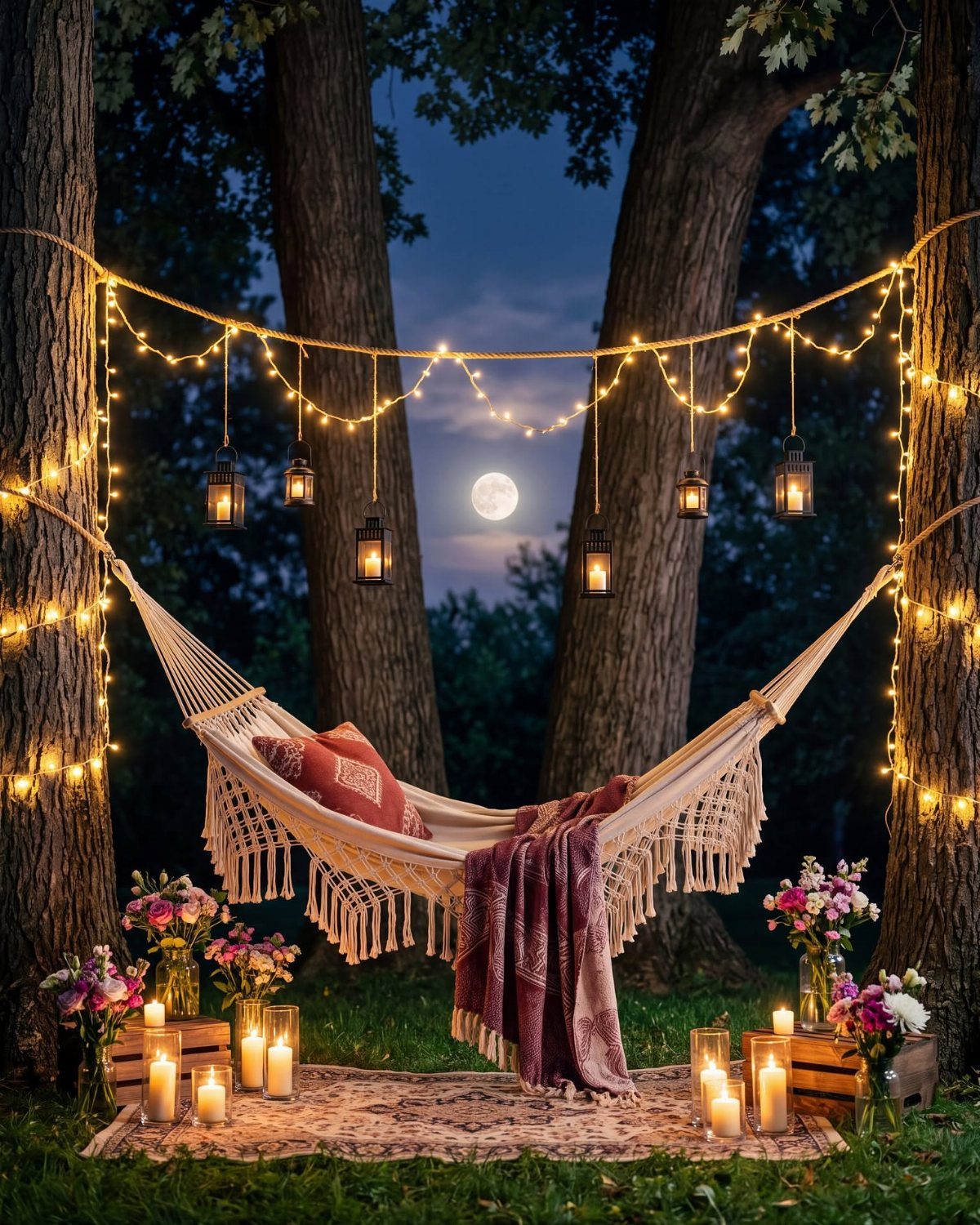 29 Outdoor Gardens Ideas for Patios, Yards, and Every Budget 17 A macrame hammock hangs between trees decorated with glowing string lights and lanterns at night.