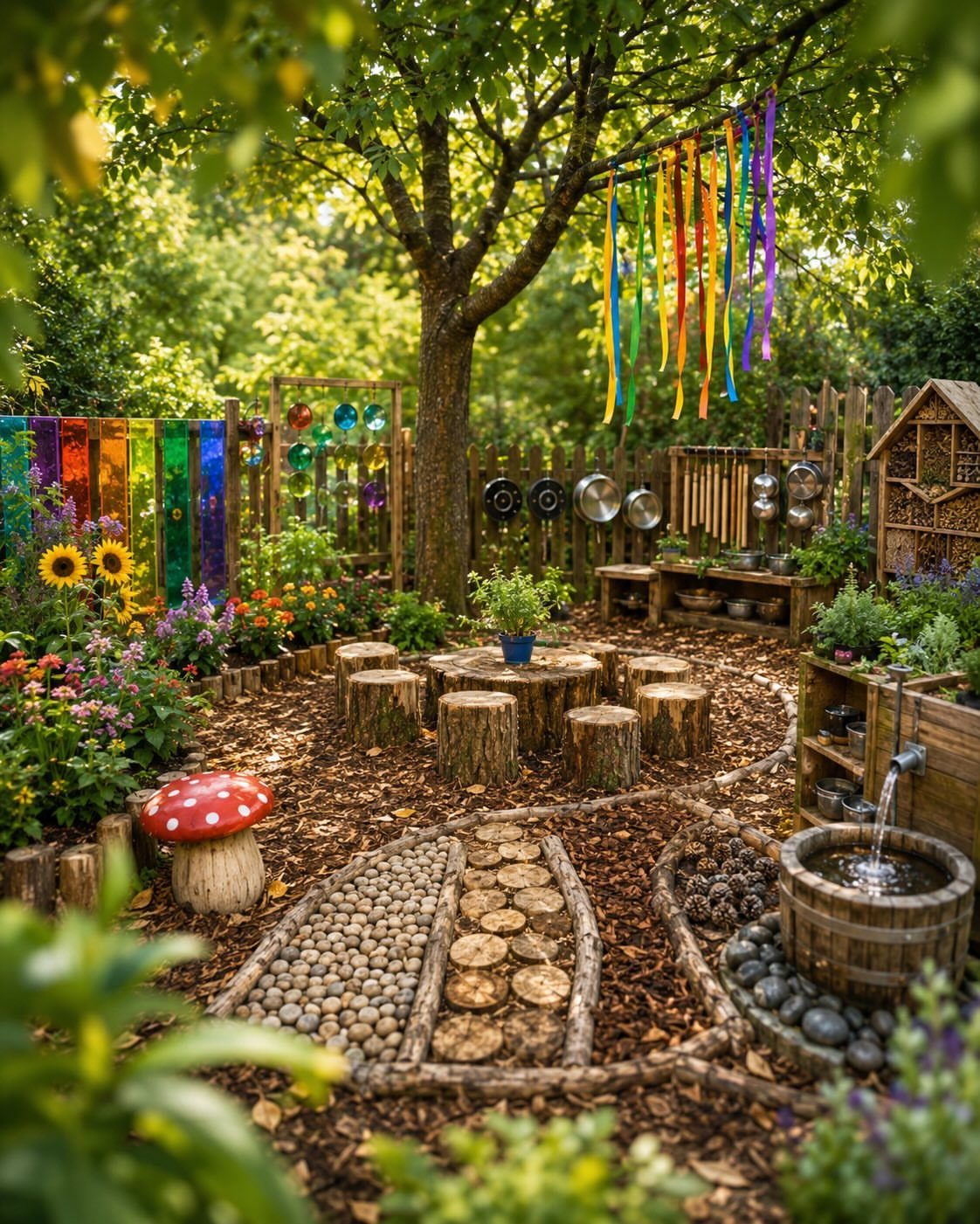 29 Outdoor Gardens Ideas for Patios, Yards, and Every Budget 21 A whimsical sensory garden for children with colorful ribbons, log seating, and textured walking paths.