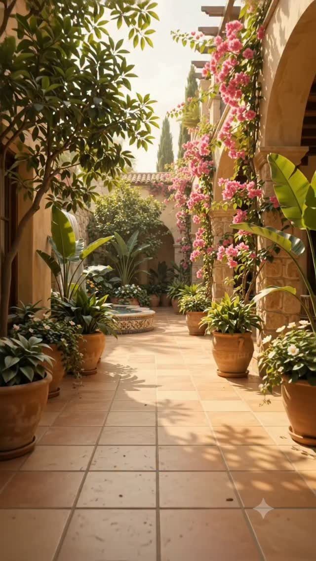 29 Outdoor Gardens Ideas for Patios, Yards, and Every Budget 2 Terracotta tiled courtyard with stone arches, pink bougainvillea, and lush plants in clay pots.