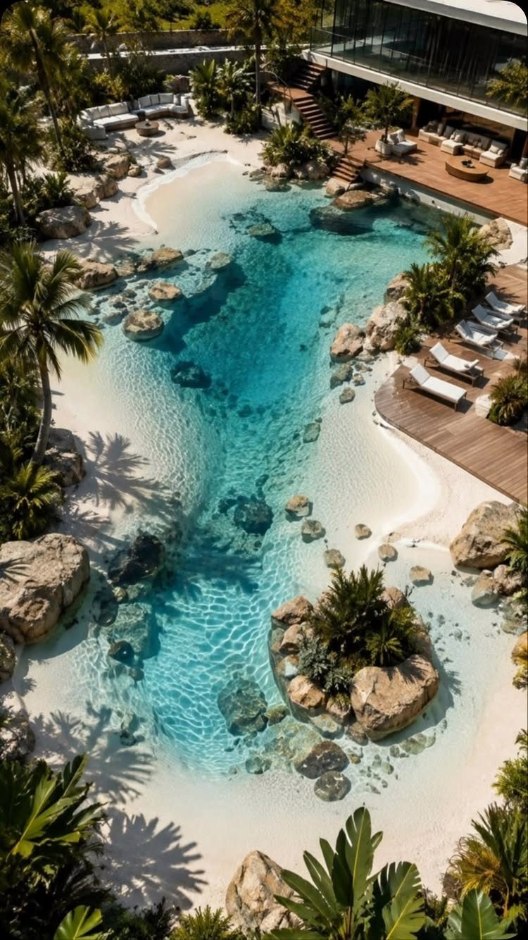 29 Outdoor Gardens Ideas for Patios, Yards, and Every Budget 16 A tropical natural swimming pool with turquoise water, white sand, and lush palm trees.