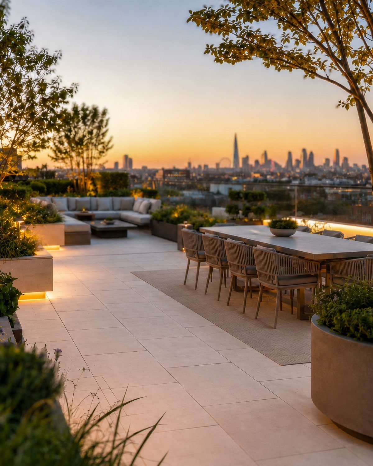 29 Outdoor Gardens Ideas for Patios, Yards, and Every Budget 7 A modern rooftop terrace with a long dining table and lounge seating overlooking a city skyline at sunset.