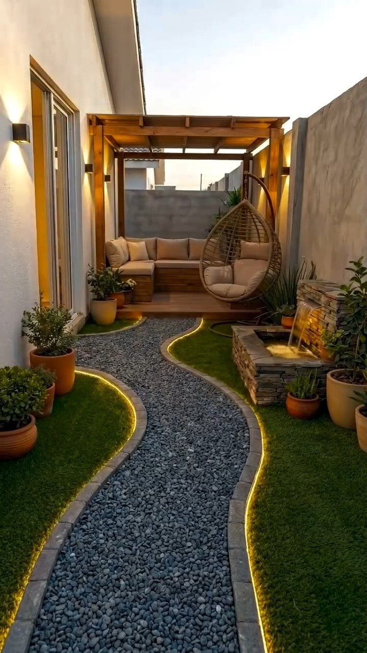 29 Outdoor Gardens Ideas for Patios, Yards, and Every Budget 29 A gravel path with LED lighting leads to a wooden pergola with lounge seating and a hanging chair.