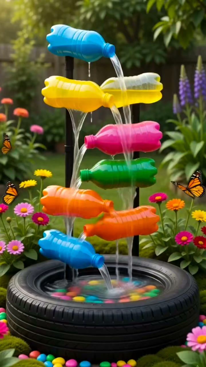 29 Outdoor Gardens Ideas for Patios, Yards, and Every Budget 5 Colorful plastic bottle water fountain flowing into a tire-shaped basin surrounded by garden flowers.