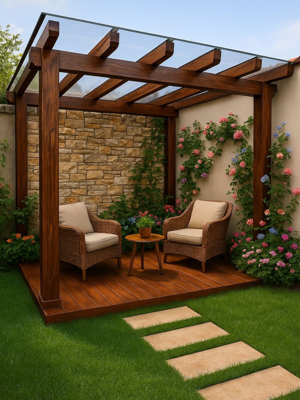 29 Outdoor Gardens Ideas for Patios, Yards, and Every Budget 4 A wooden pergola with a glass roof sheltering a cozy outdoor seating area on a deck.