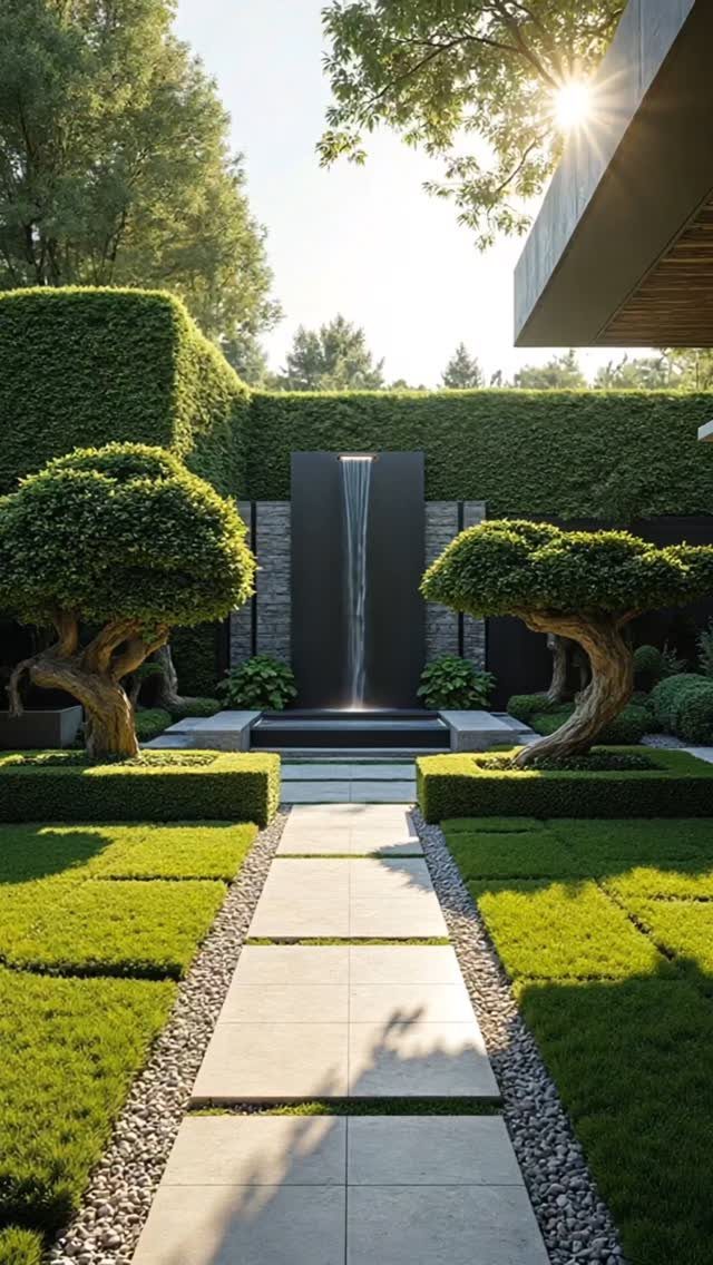 29 Outdoor Gardens Ideas for Patios, Yards, and Every Budget 18 A minimalist garden with a stone path, manicured lawns, sculpted trees, and a modern water feature.