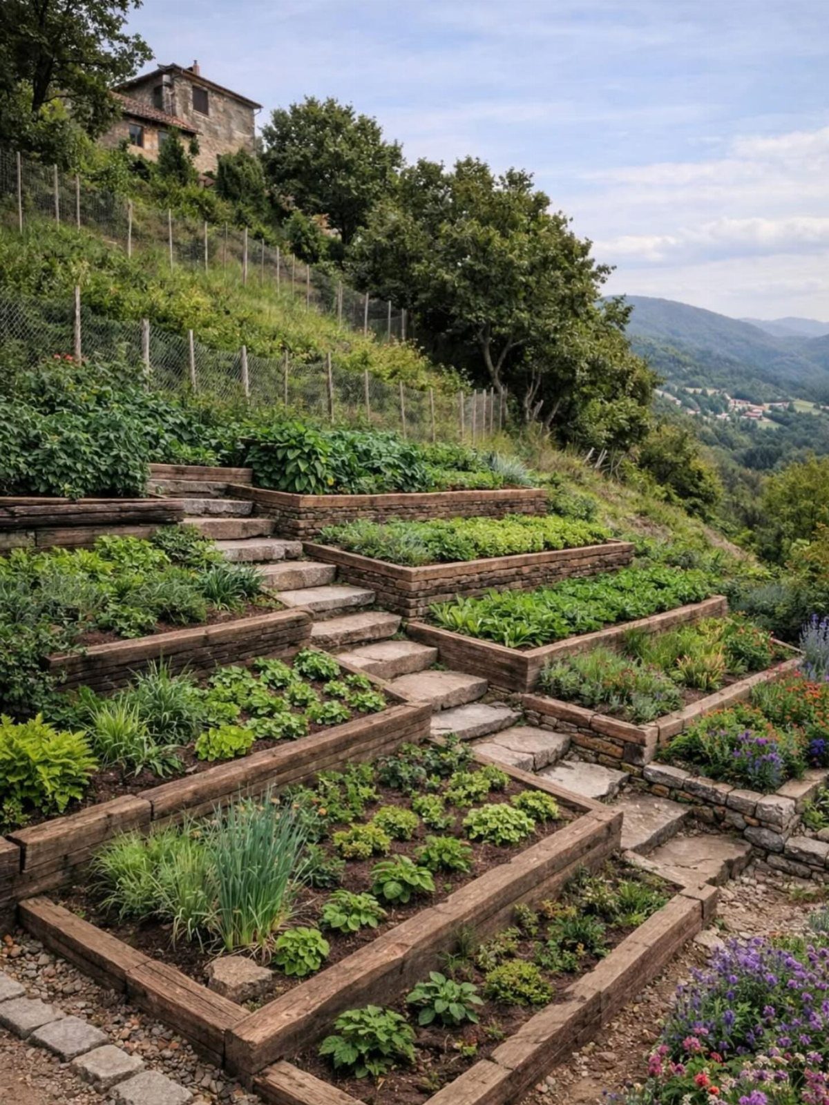 29 Outdoor Gardens Ideas for Patios, Yards, and Every Budget 22 Terraced garden beds with stone steps climbing a lush green hillside under a cloudy sky.