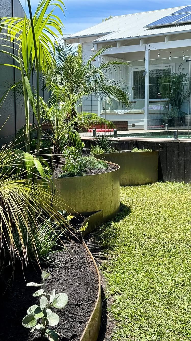 Raised Garden Bed Ideas for Layout: 8 Photos to Plan From 4 Curved golden metal garden beds filled with tropical plants along a green lawn.