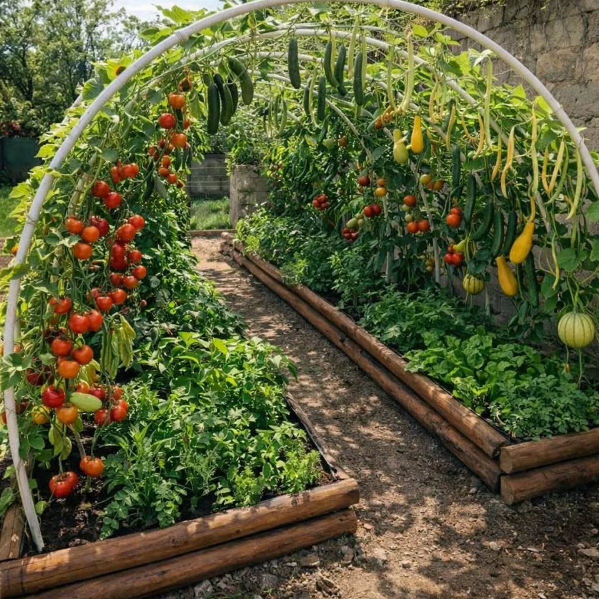 Raised Garden Bed Ideas for Layout: 8 Photos to Plan From 3 Two wooden raised garden beds with lush vegetables separated by a dirt pathway under a white trellis.