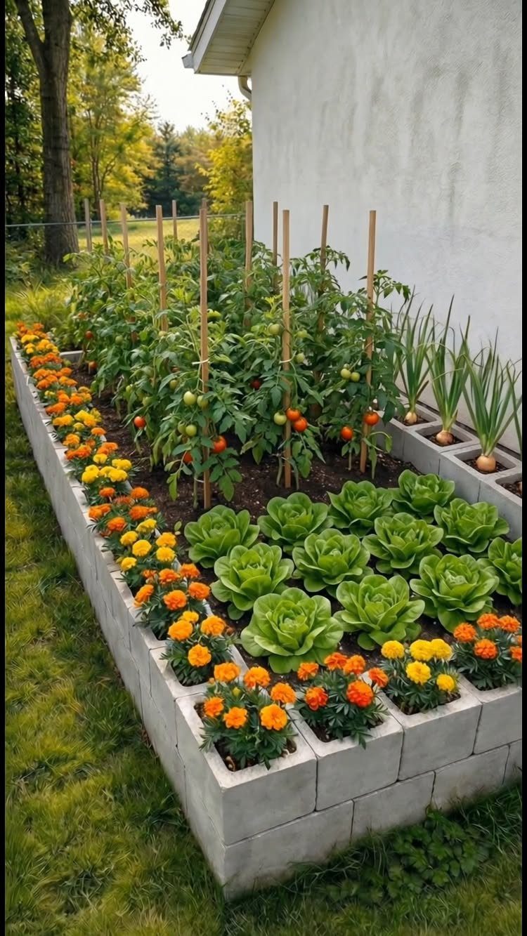 Small Backyard Garden: 11 Vegetable Ideas for Tight Spaces 3 Raised garden bed with lettuce, tomatoes, and onions planted in organized blocks with marigolds.