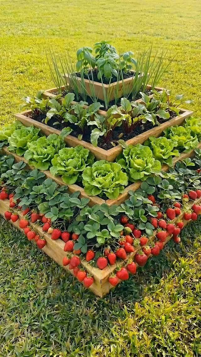 Small Backyard Garden: 11 Vegetable Ideas for Tight Spaces 10 Tiered wooden planter box filled with lettuce, strawberries, and basil plants on a green lawn.