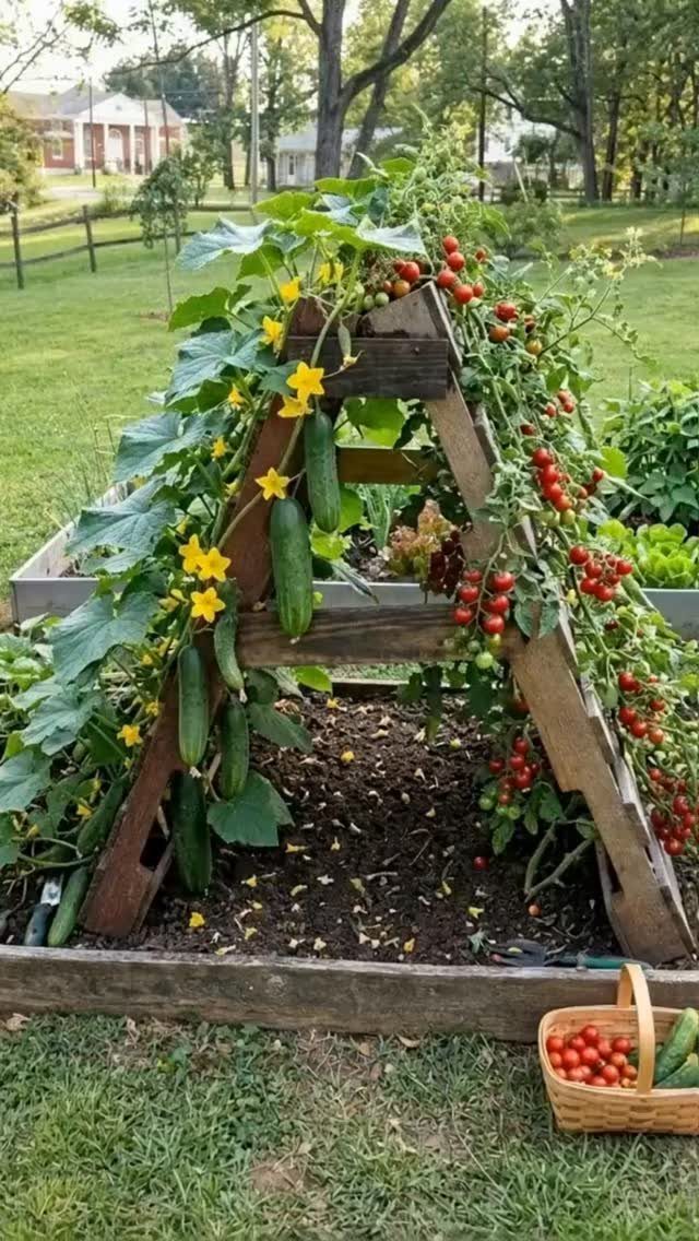 Small Backyard Garden: 11 Vegetable Ideas for Tight Spaces 1 Cucumber plants and tomato plants growing on a wooden A-frame trellis in a garden bed.