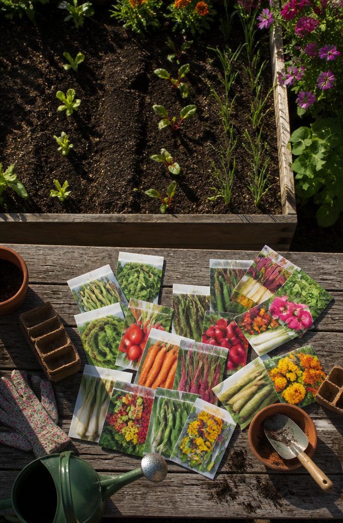 Seed packets and soil with lettuce seeds ready to be planted.