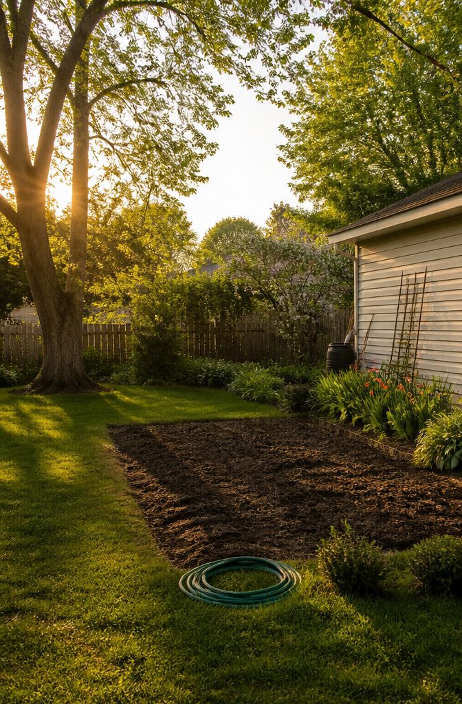 A sunny garden location with trees and buildings in the background.