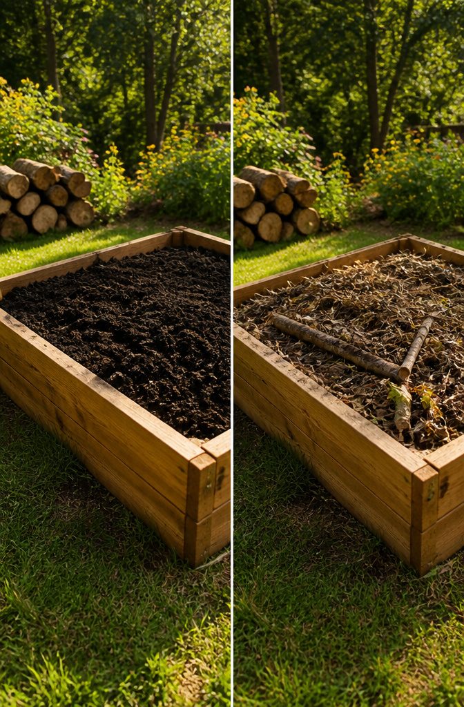 A wooden raised garden bed filled with soil and compost.