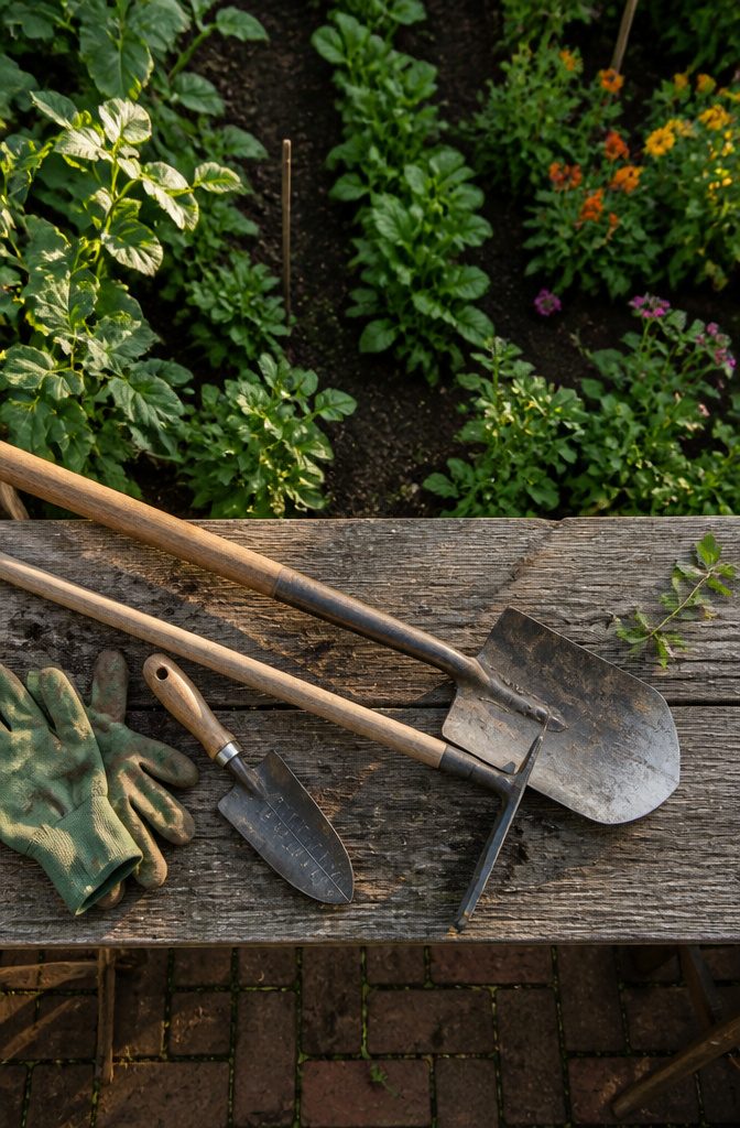 Gardening tools including a shovel and hoe resting on the ground.