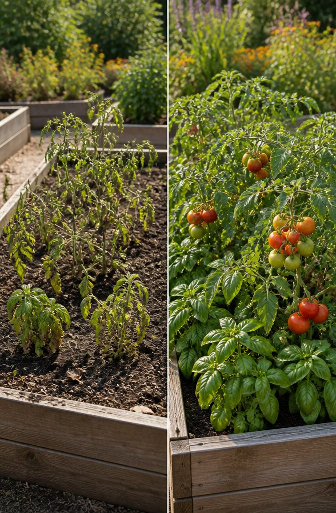 Tomatoes and basil growing closely together in a garden bed.
