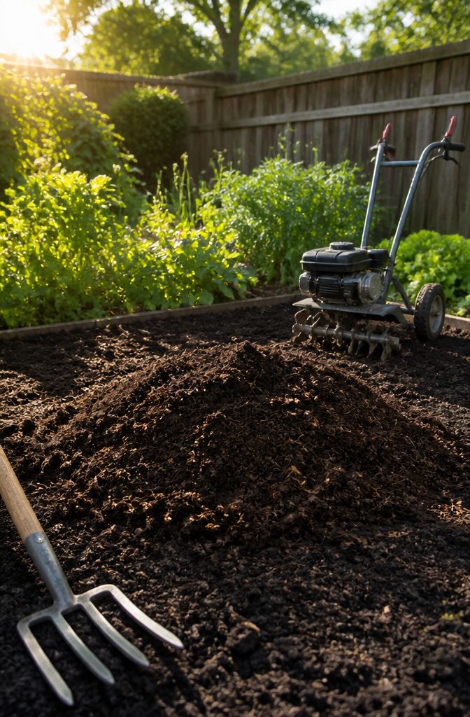Close-up of dark soil with compost and gardening tools nearby.