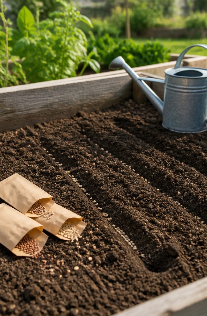 Freshly sown soil with seed packets resting beside it.