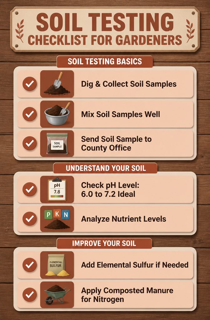 A checklist for soil testing alongside a sample bag of soil.