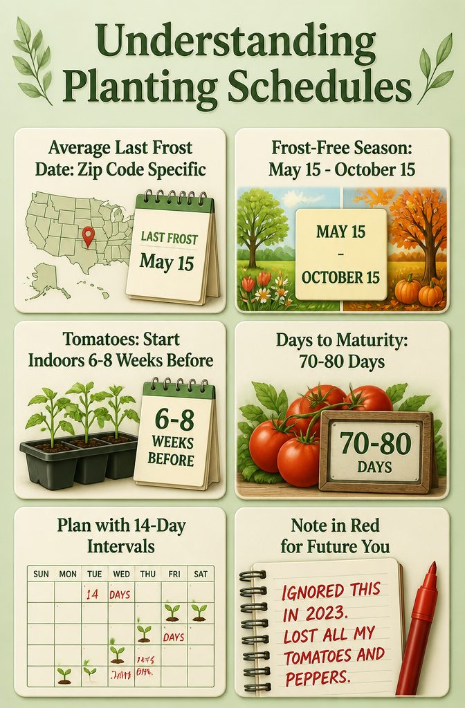 A calendar with planting dates noted for a garden.