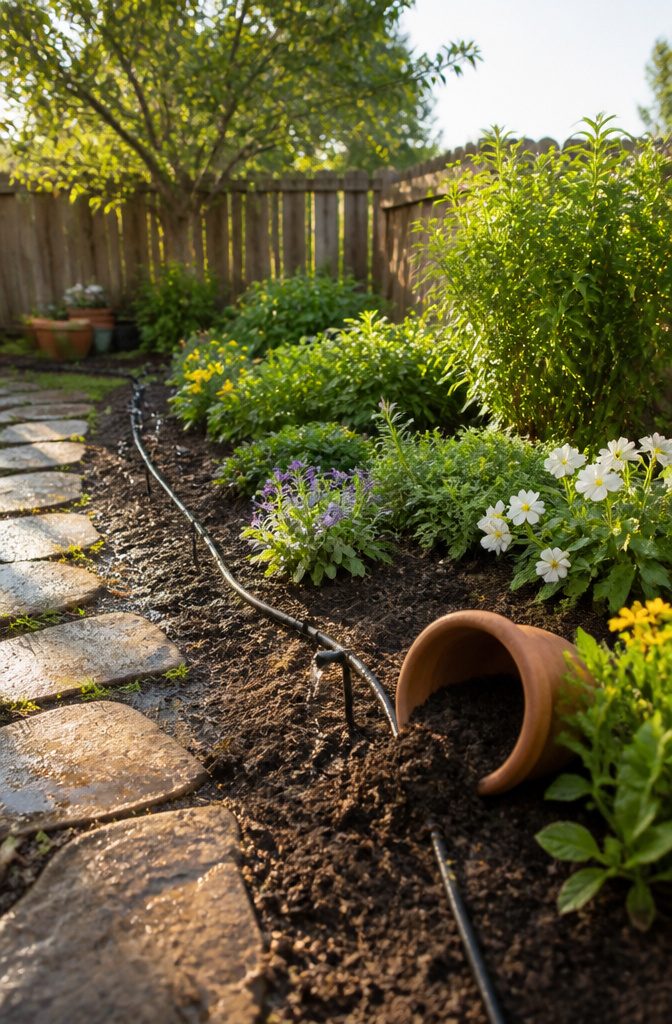 A watering can sits next to damp soil in a garden bed.