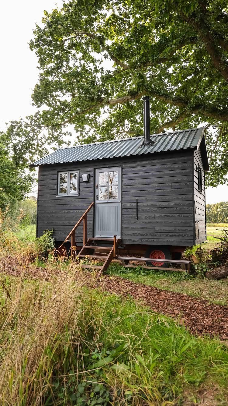 A black wooden tiny shed house with a metal roof parked under a large leafy tree.