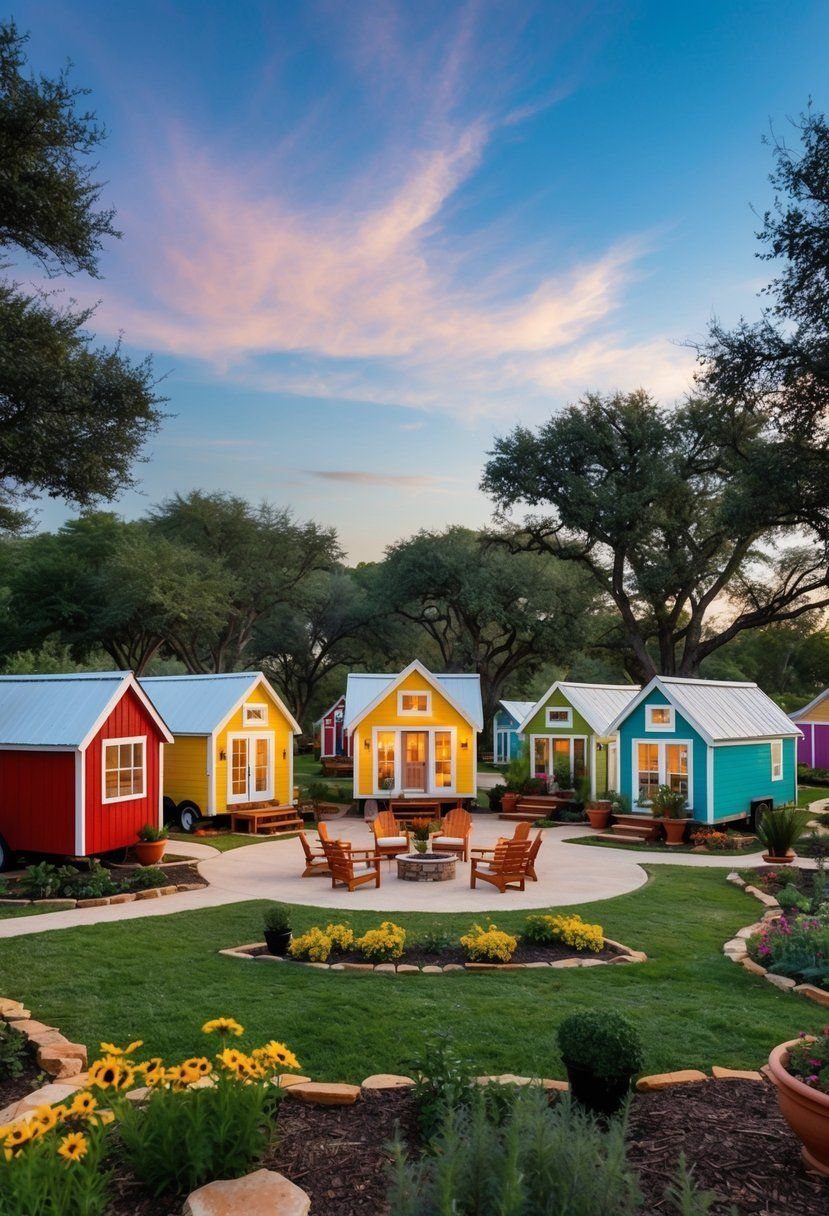 Colorful tiny shed houses arranged around a central patio with seating and a fire pit.