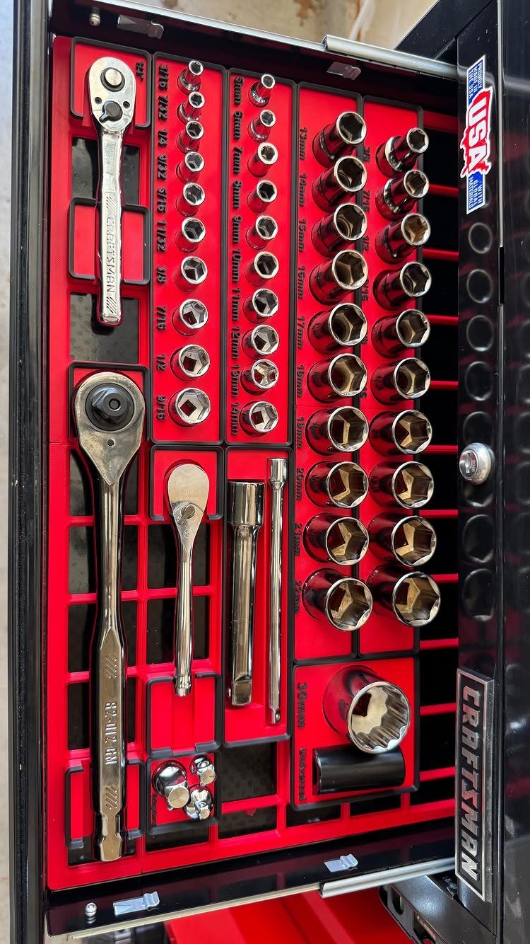Tool Shed Storage: 12 Ideas for Lawn Gear, Power Tools & Hardware 11 Silver metal sockets and wrenches organized in a red foam tray inside a black toolbox.
