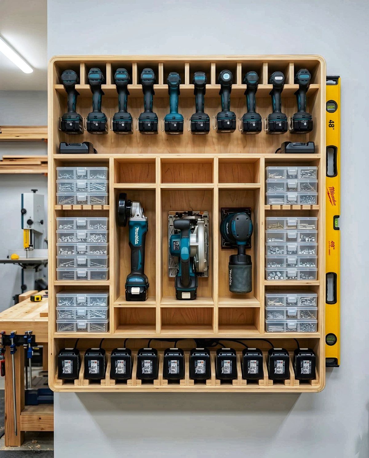 Tool Shed Storage: 12 Ideas for Lawn Gear, Power Tools & Hardware 7 Wooden wall organizer holding power tools, hardware bins, and a yellow level on a white wall.