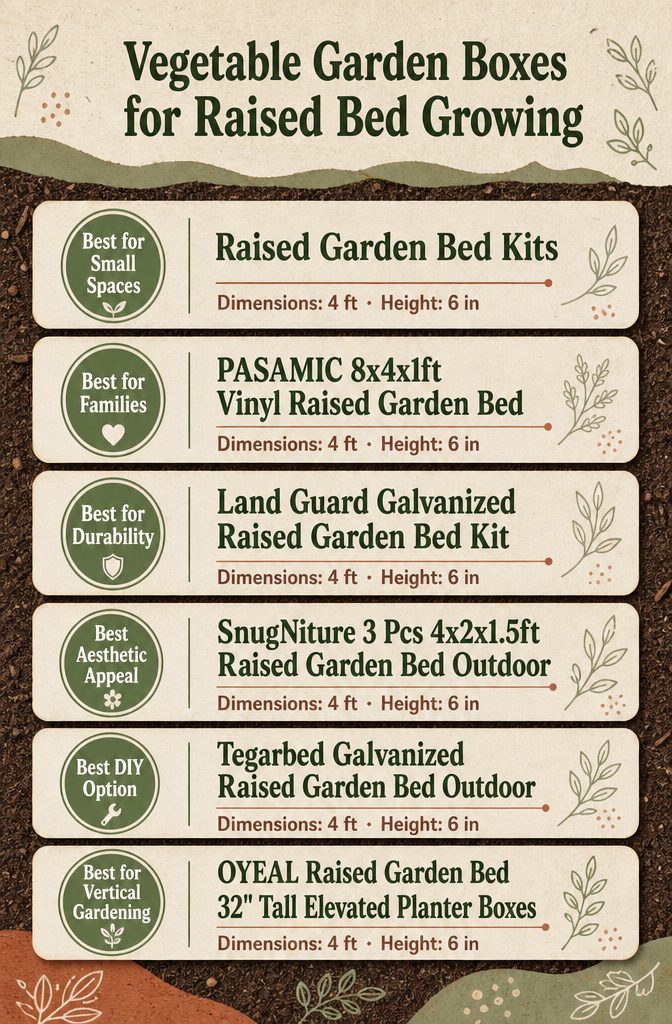 An infographic comparing different vegetable garden boxes with product details.
