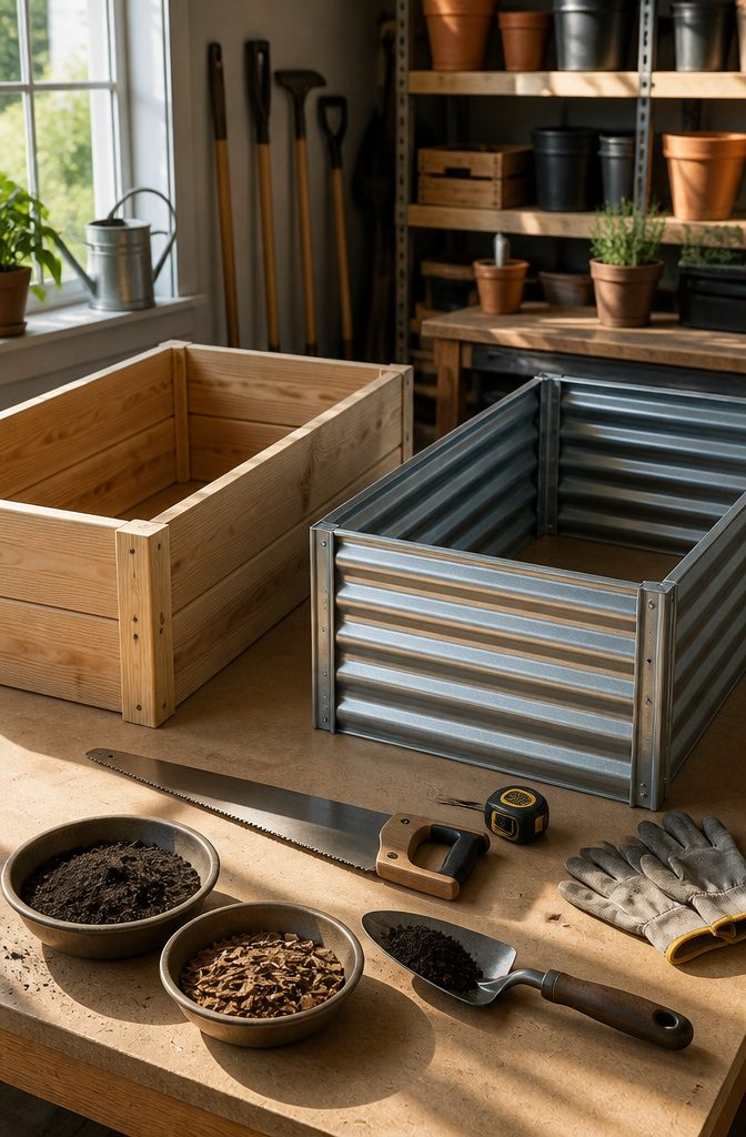 A tidy DIY workspace with tools and materials for building garden boxes.