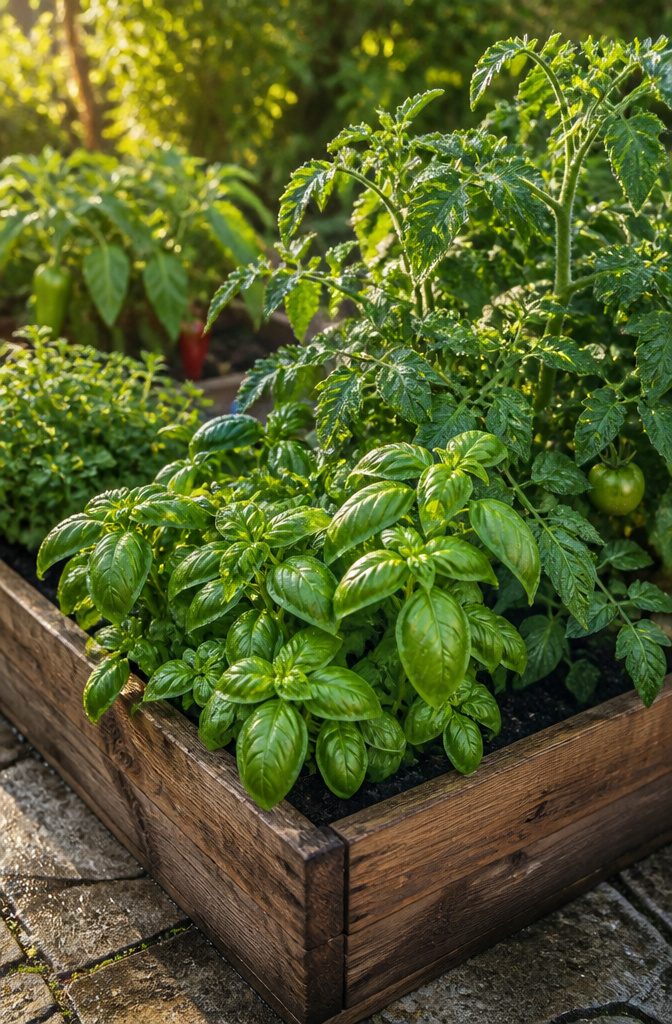 What Herbs to Plant Together: 10 Herbs for Companion Planting 2 Basil plants beside tomato plants in a garden.