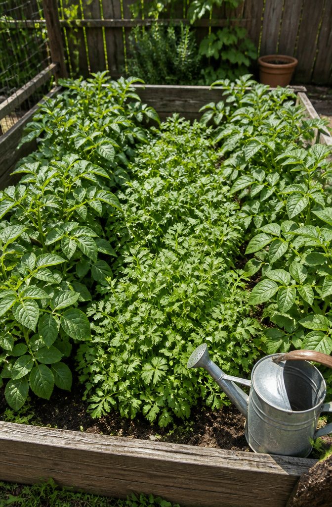 What Herbs to Plant Together: 10 Herbs for Companion Planting 5 Dense cilantro crop growing next to potato plants in a garden.