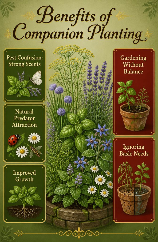 What Herbs to Plant Together: 10 Herbs for Companion Planting 12 Infographic showing benefits of companion planting in gardening.