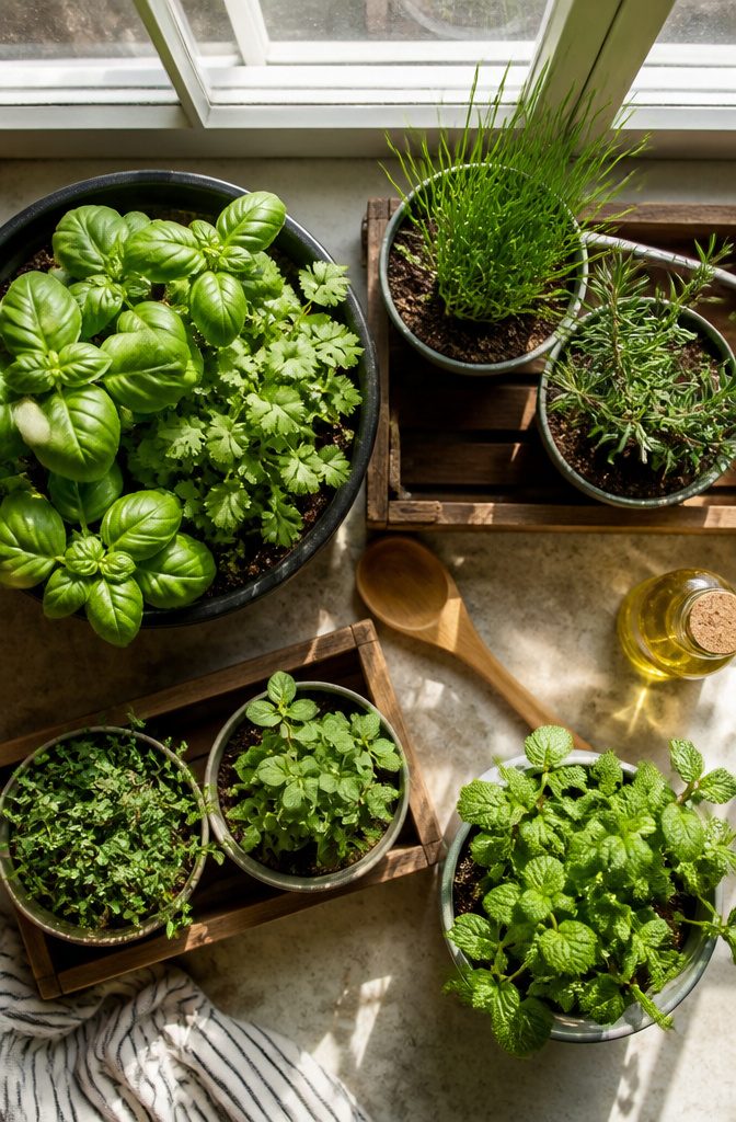 What Herbs to Plant Together: 10 Herbs for Companion Planting 15 Herbs arranged in a terracotta pot on a windowsill.