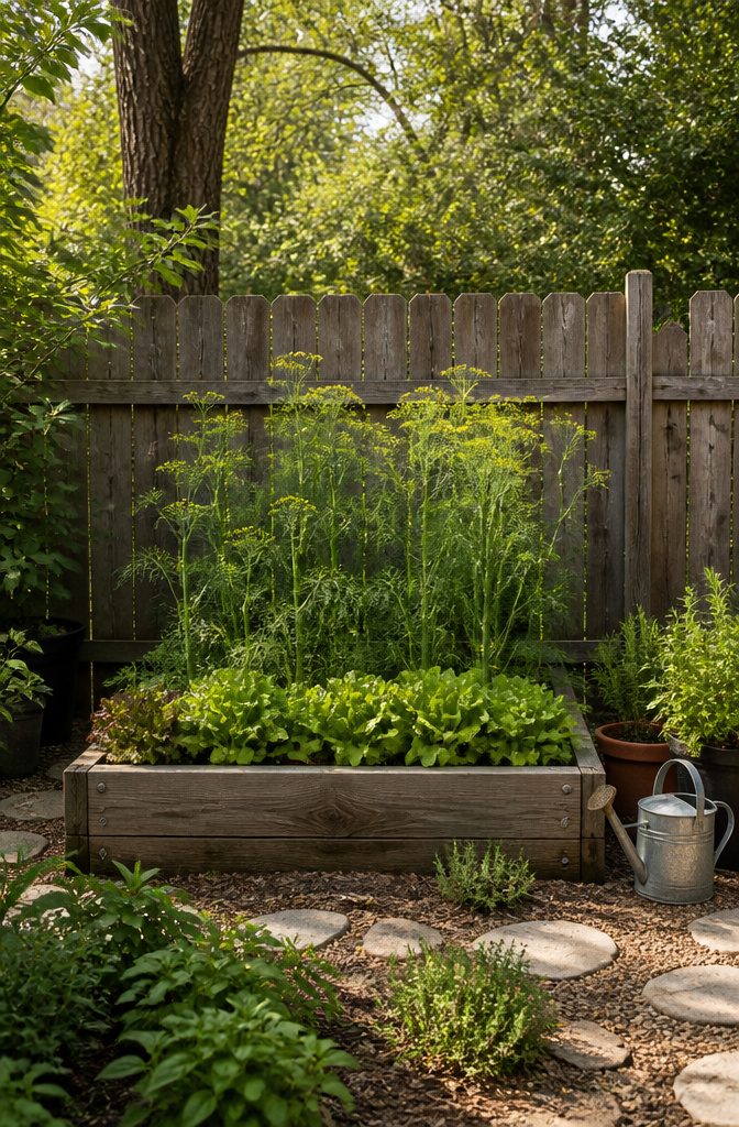 What Herbs to Plant Together: 10 Herbs for Companion Planting 4 Dill plants growing in a garden, positioned behind shorter herbs.