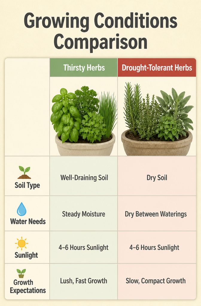 What Herbs to Plant Together: 10 Herbs for Companion Planting 14 Chart comparing growing conditions for various herbs.