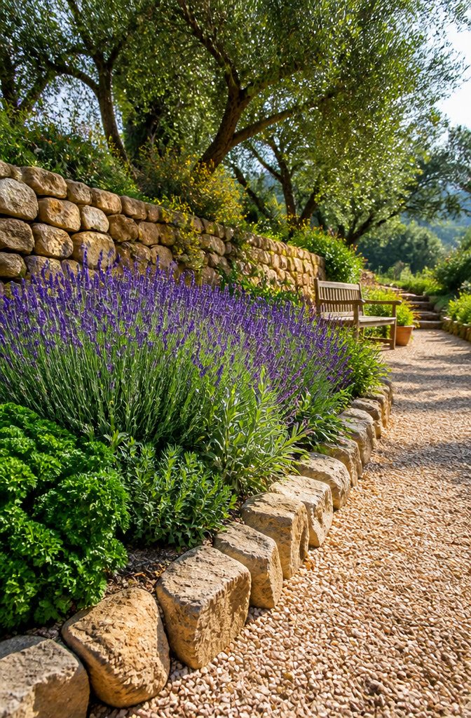 What Herbs to Plant Together: 10 Herbs for Companion Planting 9 Lavender plants growing among rosemary and thyme in a garden.