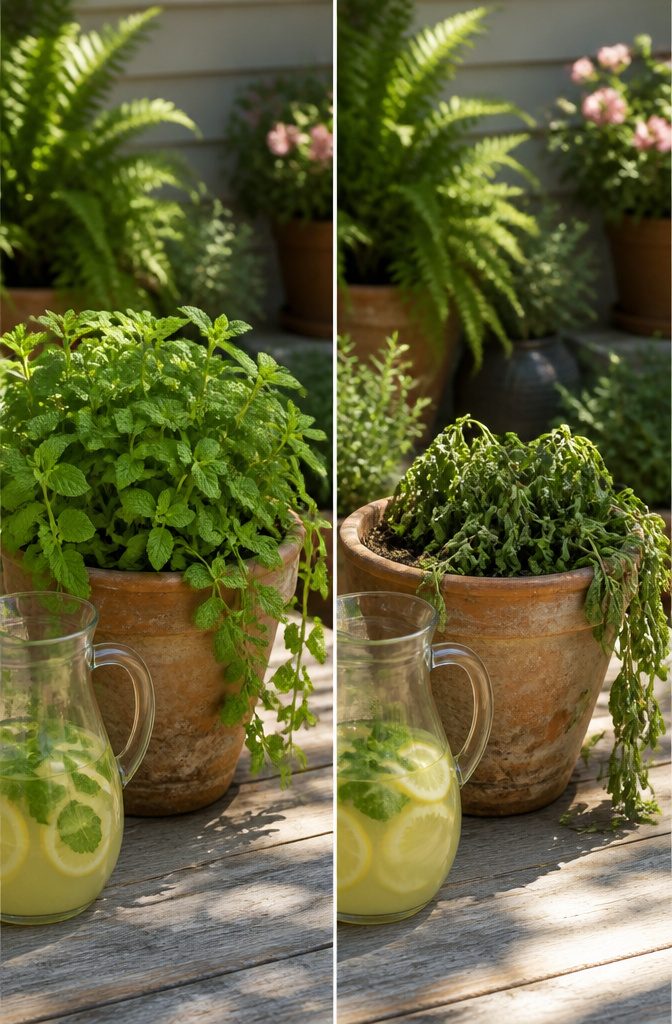 What Herbs to Plant Together: 10 Herbs for Companion Planting 7 Mint plants growing in a separate container in a garden.