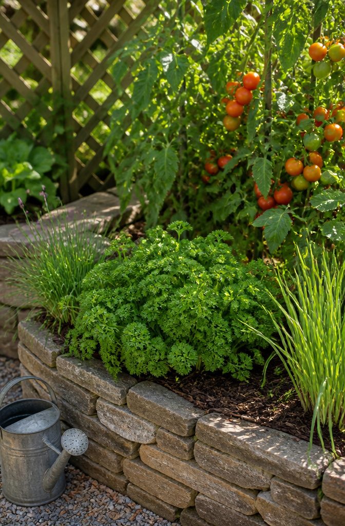 What Herbs to Plant Together: 10 Herbs for Companion Planting 3 Curly parsley growing in a stone planter next to tomato plants.