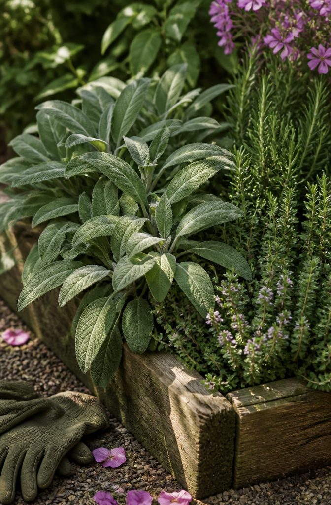What Herbs to Plant Together: 10 Herbs for Companion Planting 8 Sage plants growing alongside rosemary and thyme in a garden.