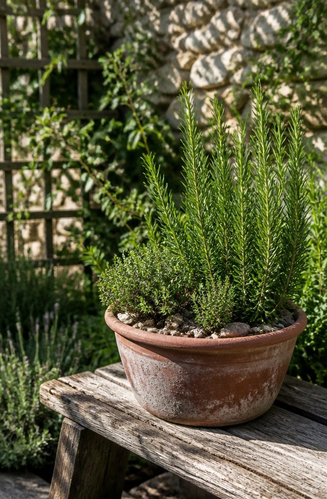 What Herbs to Plant Together: 10 Herbs for Companion Planting 6 Clusters of thyme and rosemary plants in a rocky garden area.