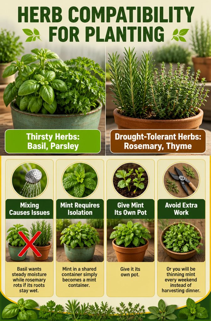 What Herbs to Plant Together: 10 Herbs for Companion Planting 1 Chart showing compatibility of different herbs for planting together.