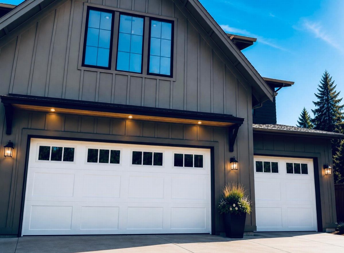 Two white garage doors with windows set into a dark grey house under a blue sky.