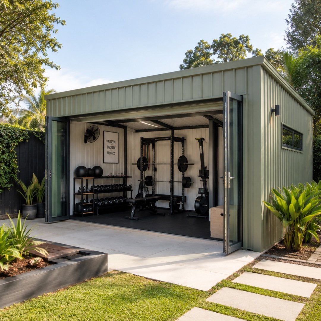 An olive green metal shed converted into a backyard gym with open doors revealing workout equipment.