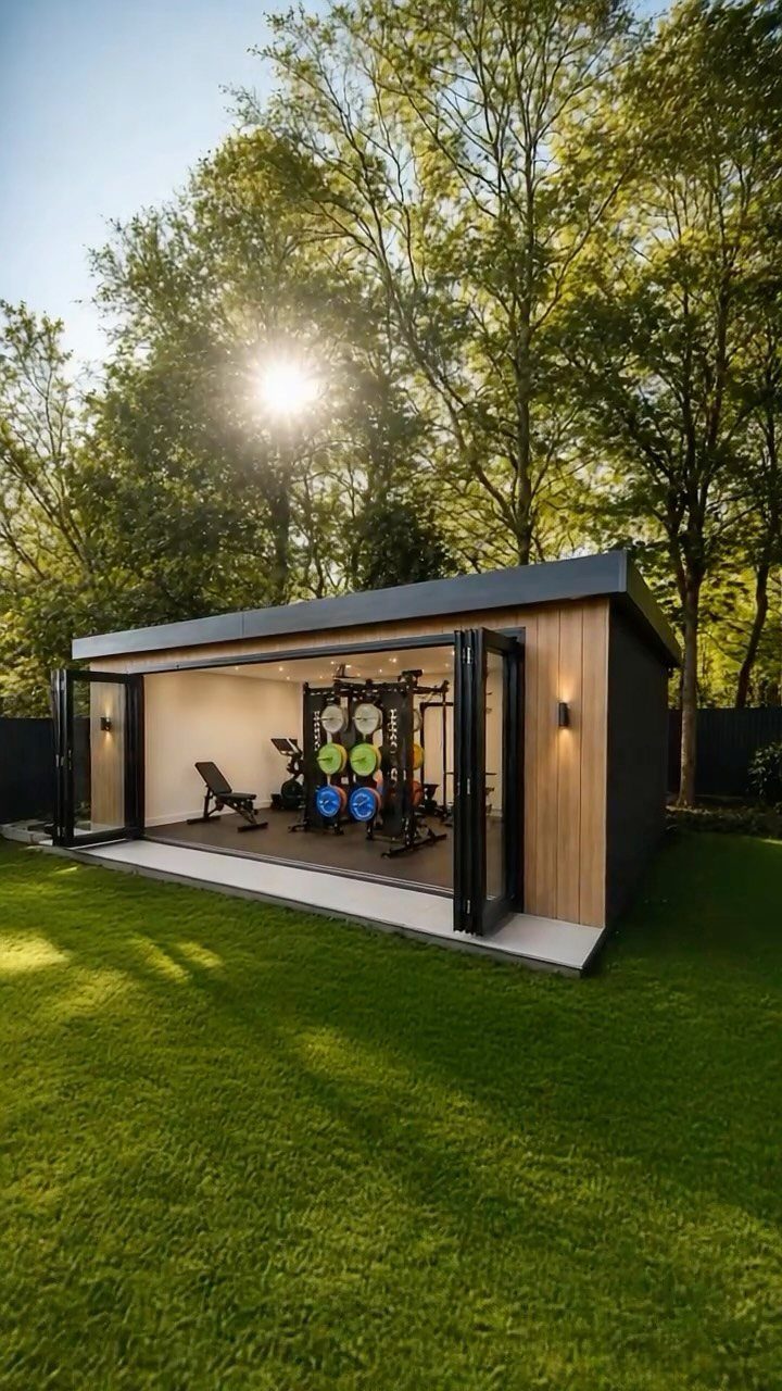 A modern wooden garden shed converted into a backyard gym with weightlifting equipment.