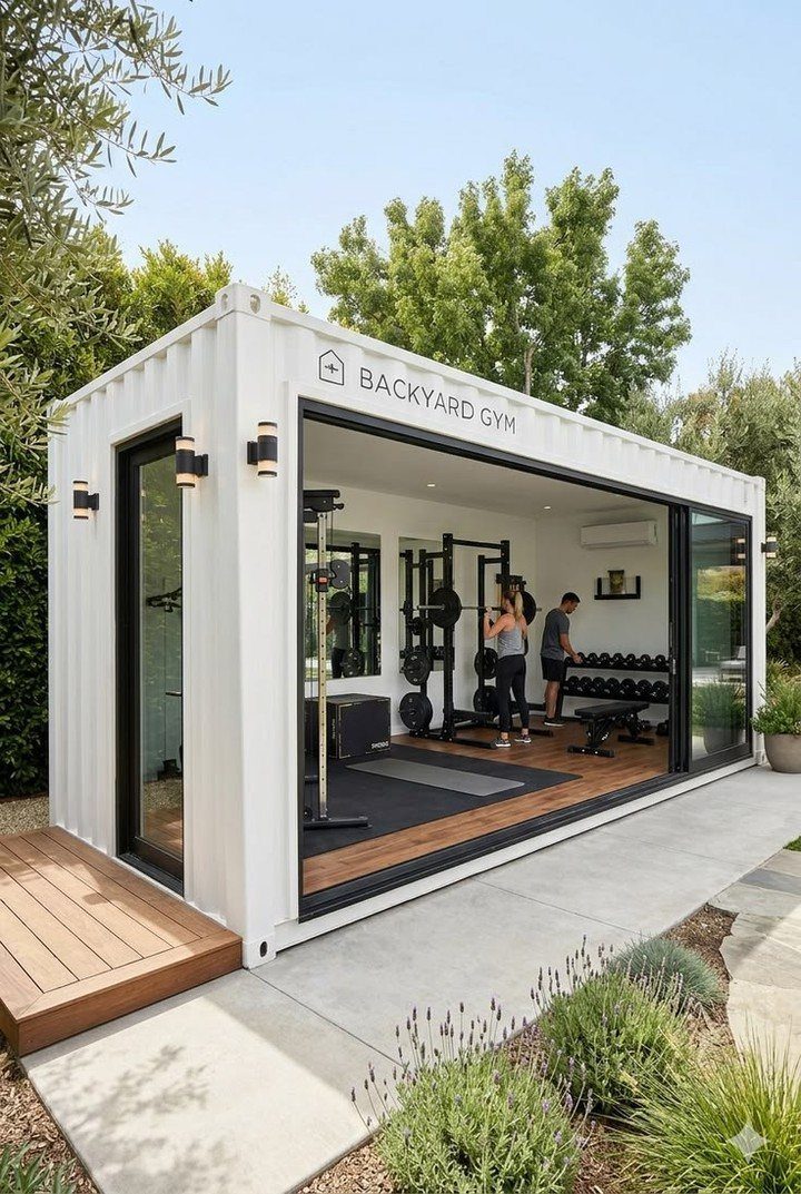 White shipping container backyard gym with glass doors containing weightlifting equipment and a person.